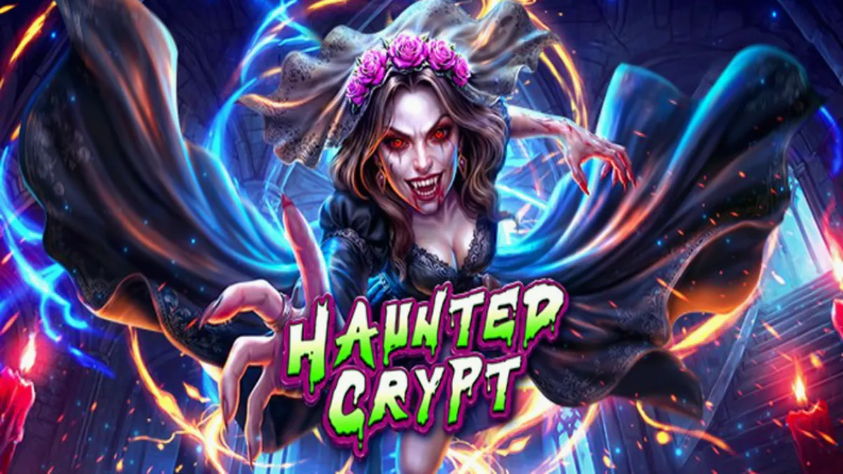 Tampilan visual permainan slot Candy Rush dengan latar belakang tropis yang penuh warna