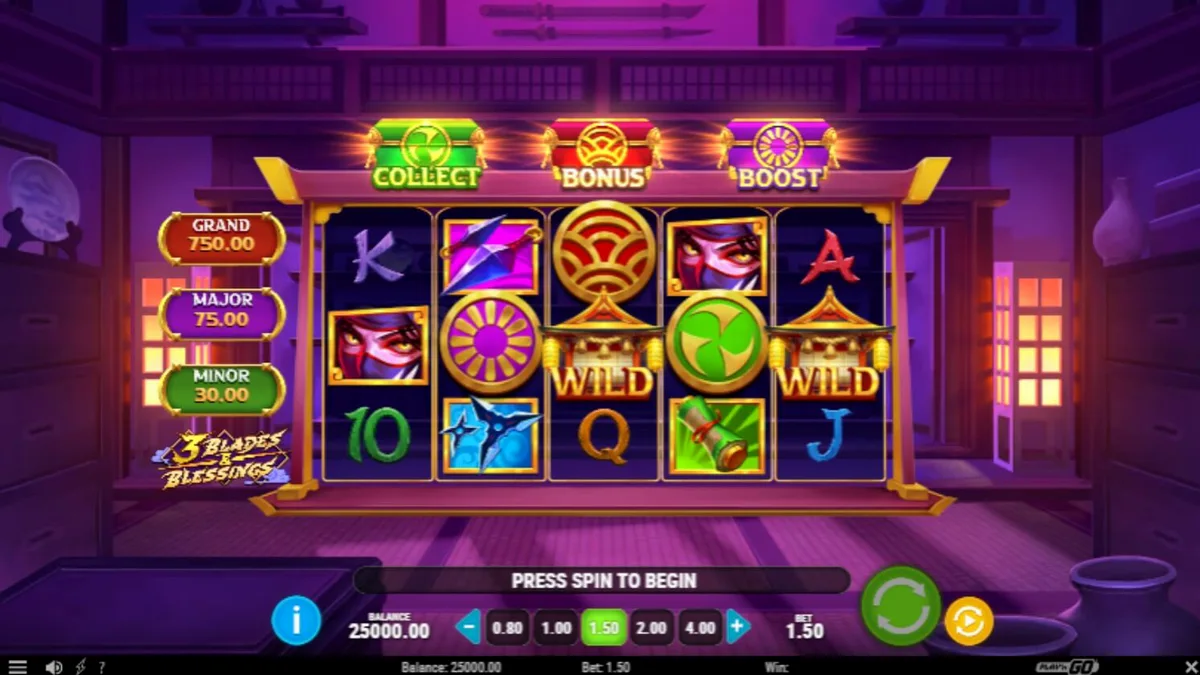 Tampilan visual slot 3 Blades & Blessings dengan tema ninja dan latar belakang feodal Jepang.