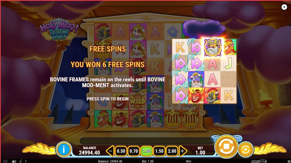 Tampilan visual slot Holy Moo! Extreme Power dengan tema sapi dewa Olympus